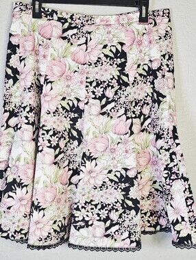 Dressbarn Floral A-Line Skirt Size 14 Pink Black Cotton Stretch Lace Trim